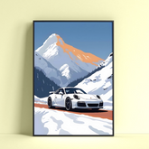 Porsche 911 winter poster by Dripster featuring a white Porsche 911 driving on a snowy mountain road